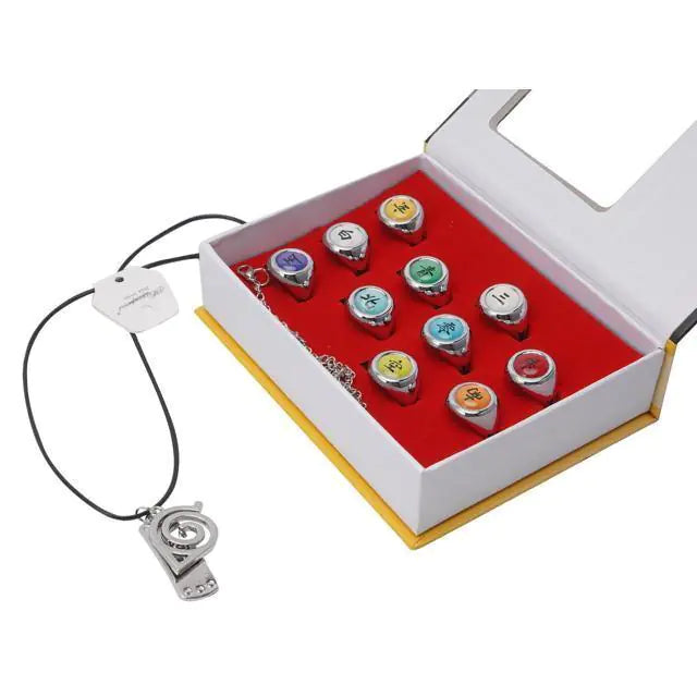 Naruto Akatsuki Rings Set 10pcs With Necklace And Chain Cosplay Itachi Gift Box