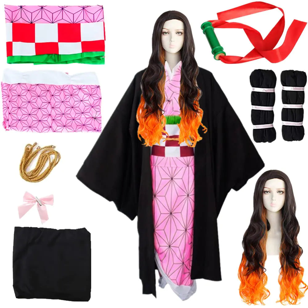 Anime Kids Womens Kamado Cosplay Costume Suit Full Set Kimono for Halloween Adult(Pink full set-XL)